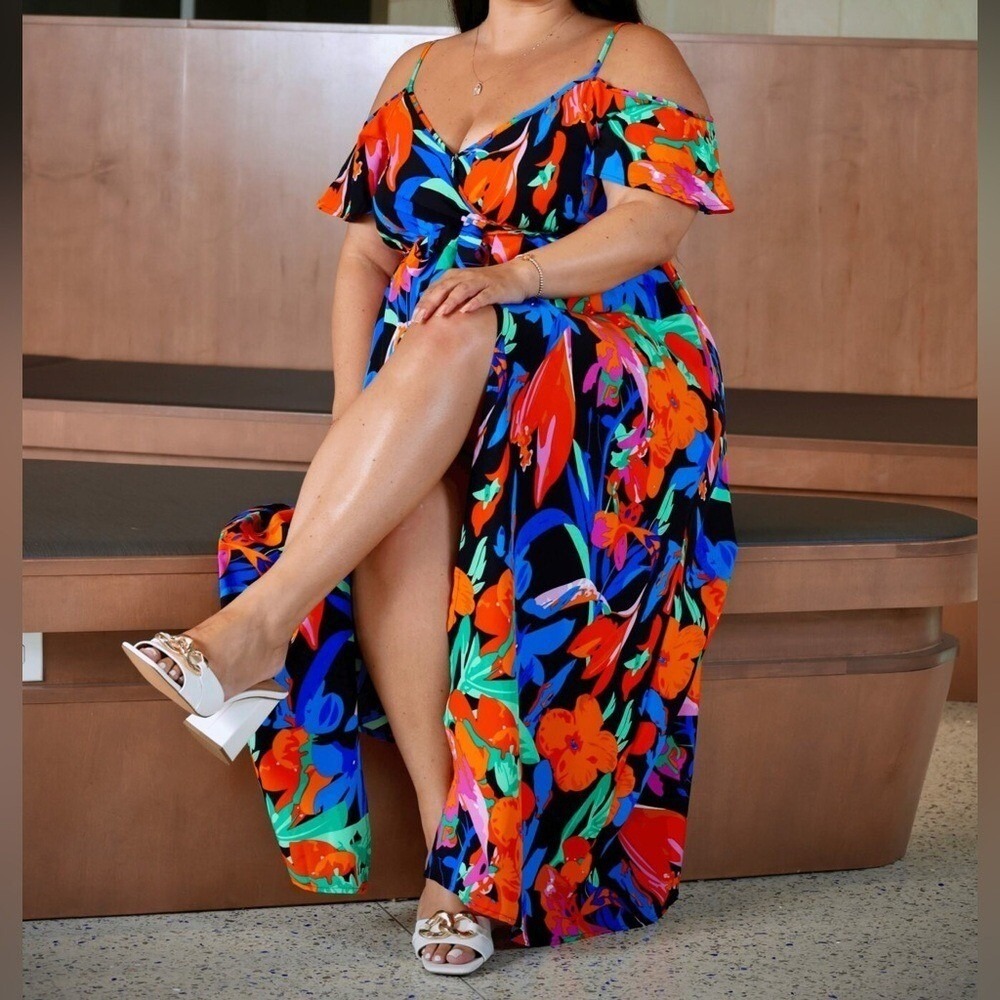 Tropical Floral Cold Shoulder Maxi Dress Belted Slit LARGE summer spring - Picture 3 of 9